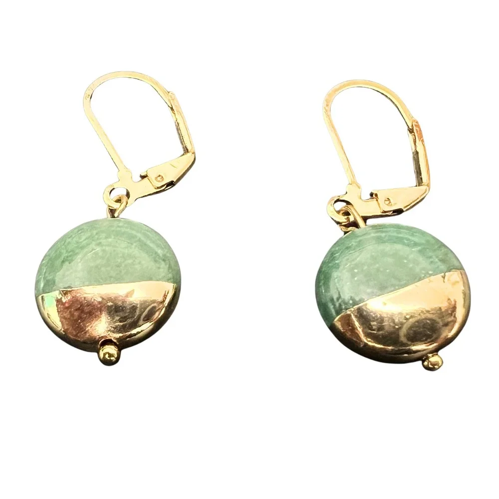 Green Jade‎ Gold Tone Leverback Drop Earrings Round Color Block Dangle Jewelry